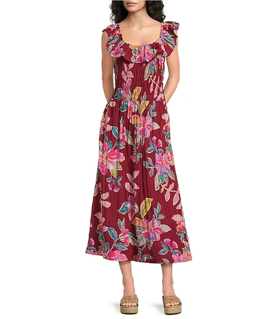 Democracy Woven Floral Wide Scoop Neck Ruffle Cap Sleeve Smocked Waist A-Line Midi Dress