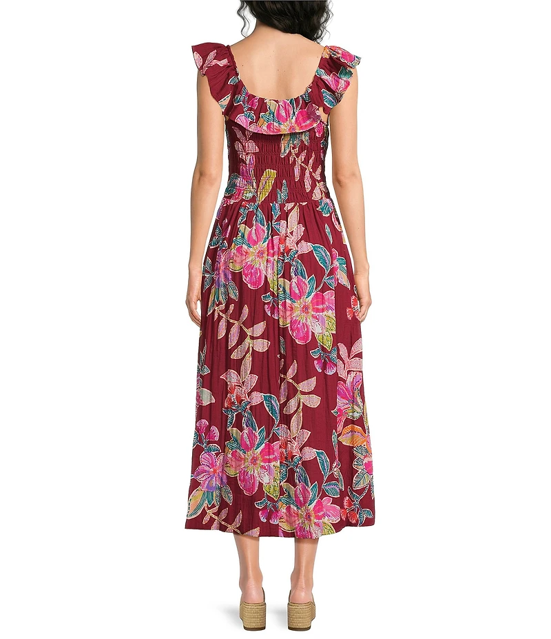 Democracy Woven Floral Wide Scoop Neck Ruffle Cap Sleeve Smocked Waist A-Line Midi Dress