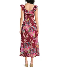 Democracy Woven Floral Wide Scoop Neck Ruffle Cap Sleeve Smocked Waist A-Line Midi Dress