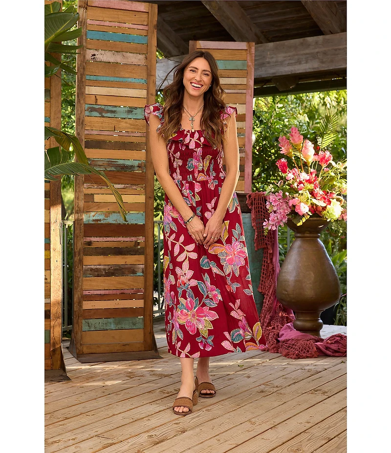Democracy Woven Floral Wide Scoop Neck Ruffle Cap Sleeve Smocked Waist A-Line Midi Dress