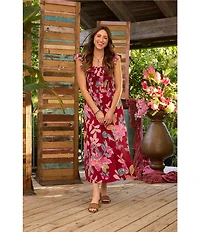 Democracy Woven Floral Wide Scoop Neck Ruffle Cap Sleeve Smocked Waist A-Line Midi Dress