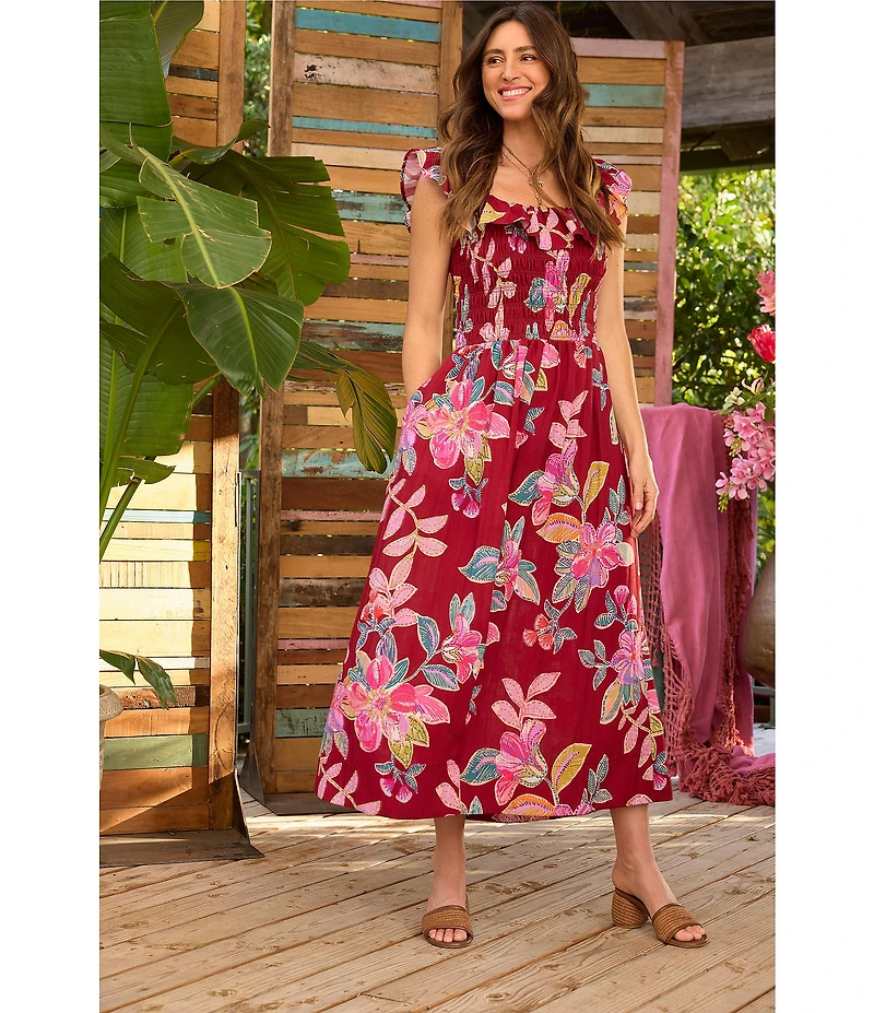 Democracy Woven Floral Wide Scoop Neck Ruffle Cap Sleeve Smocked Waist A-Line Midi Dress