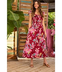Democracy Woven Floral Wide Scoop Neck Ruffle Cap Sleeve Smocked Waist A-Line Midi Dress