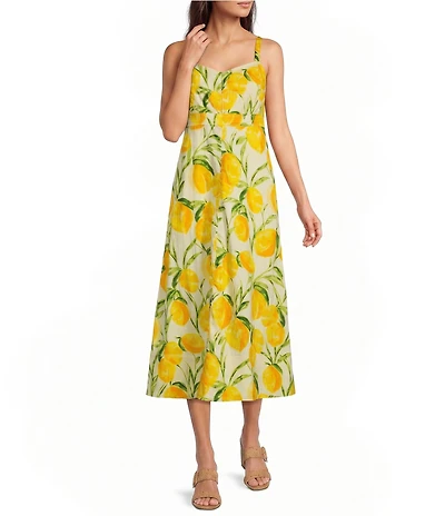 Democracy Woven Multi Lemons Print V-Neck Sleeveless A-Line Midi Tank Dress