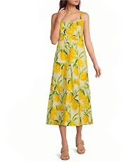 Democracy Woven Multi Lemons Print V-Neck Sleeveless A-Line Midi Tank Dress