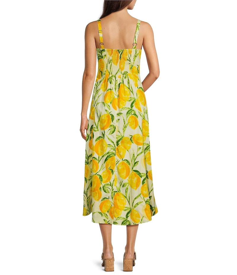 Democracy Woven Multi Lemons Print V-Neck Sleeveless A-Line Midi Tank Dress