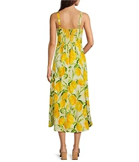 Democracy Woven Multi Lemons Print V-Neck Sleeveless A-Line Midi Tank Dress