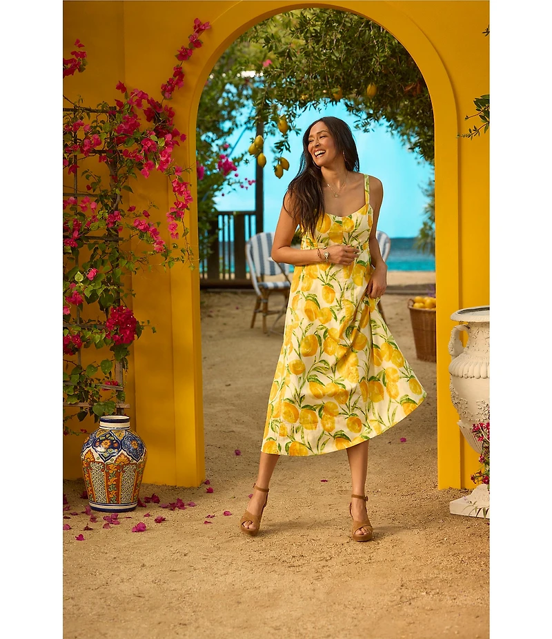 Democracy Woven Multi Lemons Print V-Neck Sleeveless A-Line Midi Tank Dress