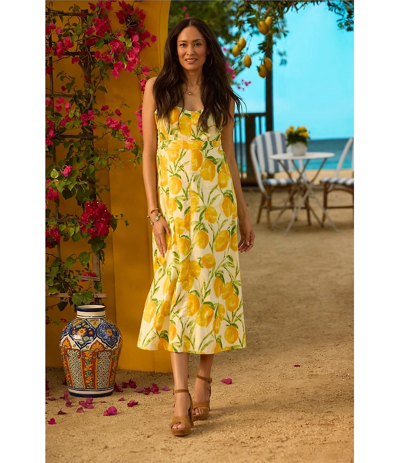 Democracy Woven Multi Lemons Print V-Neck Sleeveless A-Line Midi Tank Dress