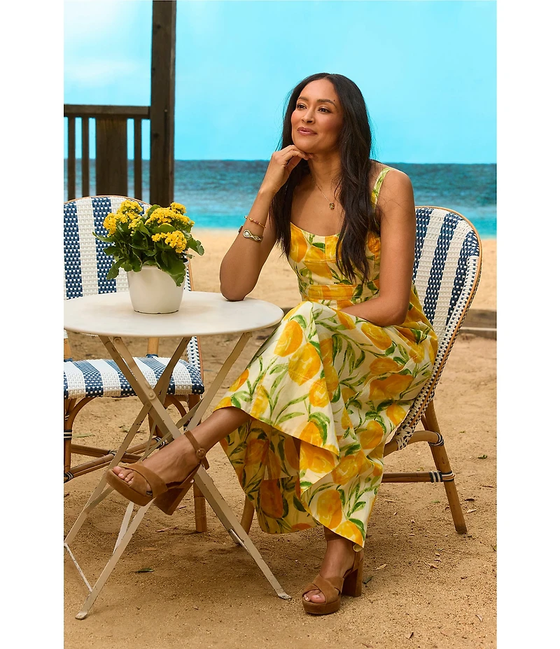 Democracy Woven Multi Lemons Print V-Neck Sleeveless A-Line Midi Tank Dress
