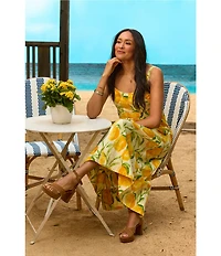Democracy Woven Multi Lemons Print V-Neck Sleeveless A-Line Midi Tank Dress