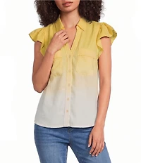 Democracy Woven Ombre Collared Cap Flutter Sleeve Button-Front Shirt