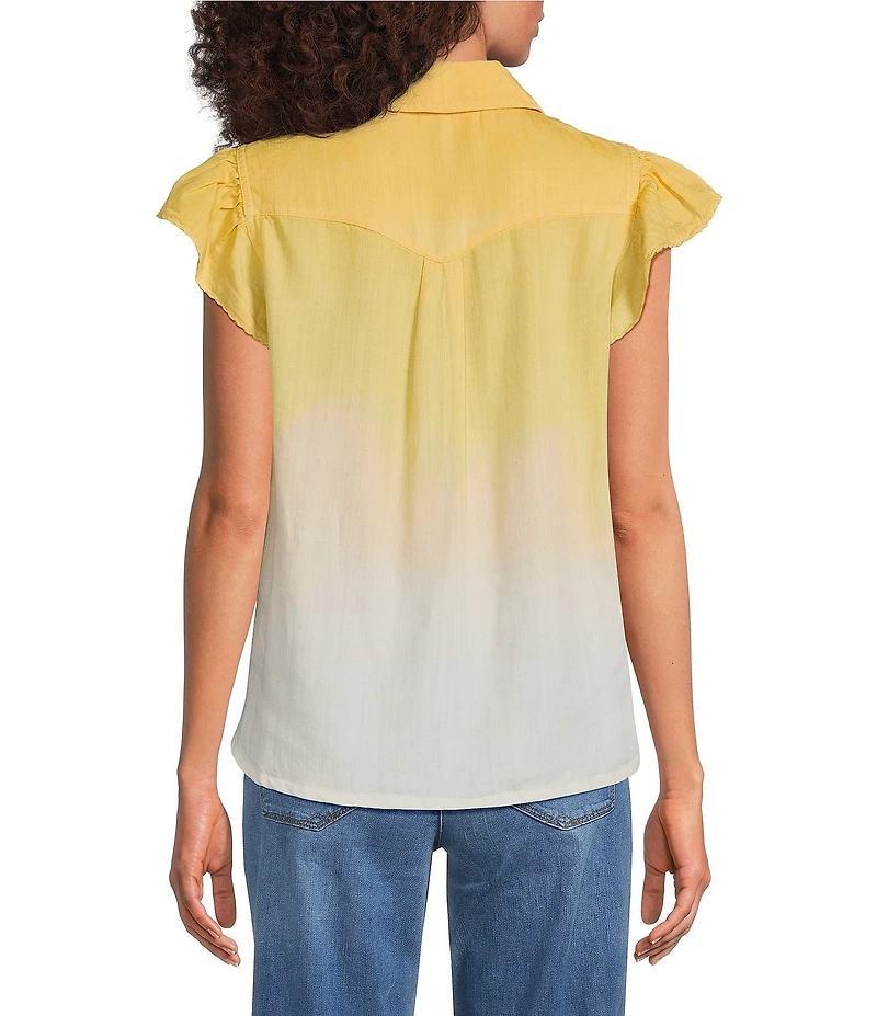 Democracy Woven Ombre Collared Cap Flutter Sleeve Button-Front Shirt