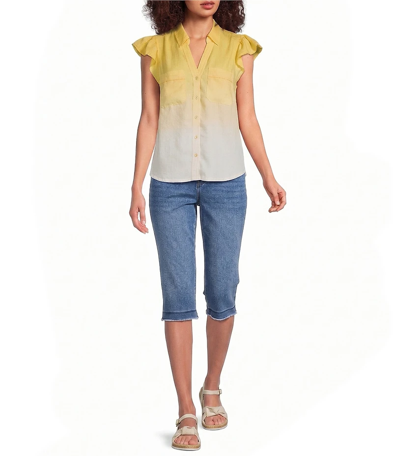 Democracy Woven Ombre Collared Cap Flutter Sleeve Button-Front Shirt