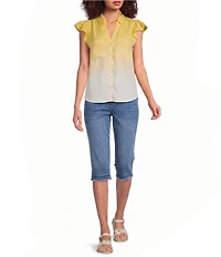 Democracy Woven Ombre Collared Cap Flutter Sleeve Button-Front Shirt