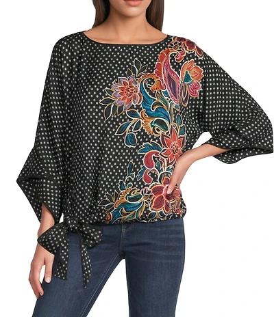 Democracy Woven Placement Print Boat Neck 3/4 Dolman Sleeve Bubble Hem Top