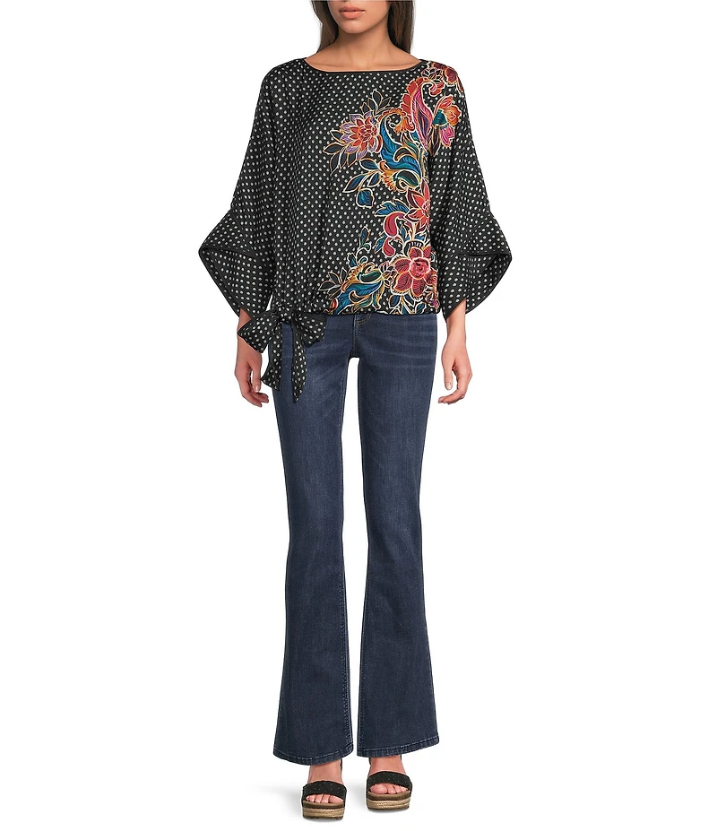 Democracy Woven Placement Print Boat Neck 3/4 Dolman Sleeve Bubble Hem Top