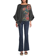 Democracy Woven Placement Print Boat Neck 3/4 Dolman Sleeve Bubble Hem Top