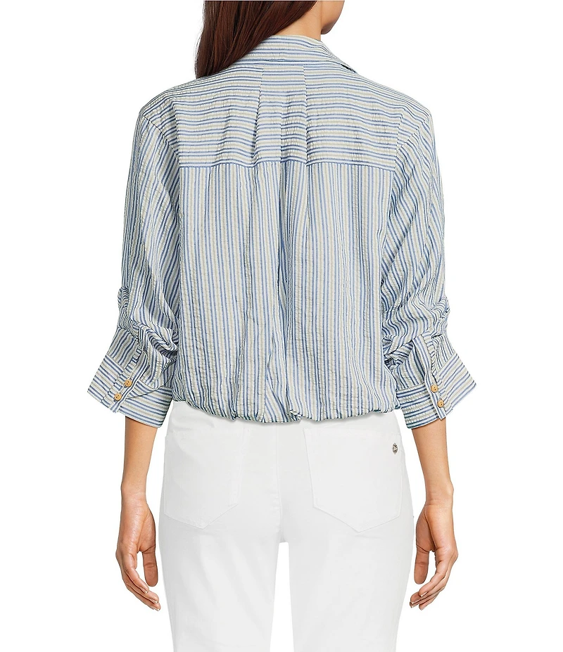 Democracy Woven Spliced Stripe Point Collar 3/4 Tucked Sleeve Button Front Shirt