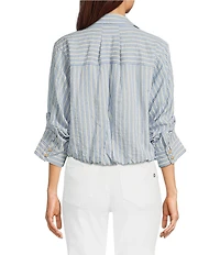 Democracy Woven Spliced Stripe Point Collar 3/4 Tucked Sleeve Button Front Shirt