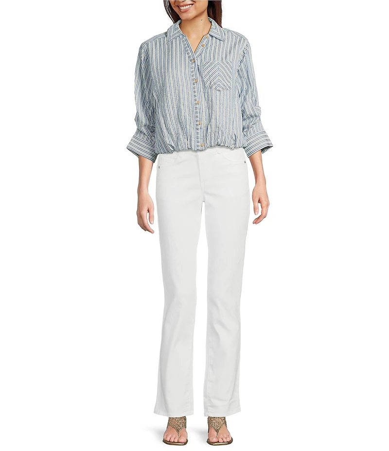 Democracy Woven Spliced Stripe Point Collar 3/4 Tucked Sleeve Button Front Shirt