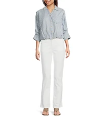 Democracy Woven Spliced Stripe Point Collar 3/4 Tucked Sleeve Button Front Shirt