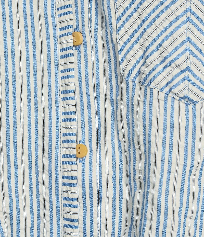 Democracy Woven Spliced Stripe Point Collar 3/4 Tucked Sleeve Button Front Shirt