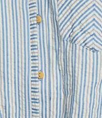 Democracy Woven Spliced Stripe Point Collar 3/4 Tucked Sleeve Button Front Shirt