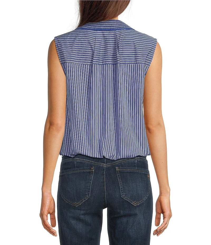 Democracy Woven Spliced Stripe Point Collar Sleeveless Button-Front Shirt