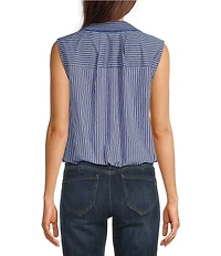 Democracy Woven Spliced Stripe Point Collar Sleeveless Button-Front Shirt