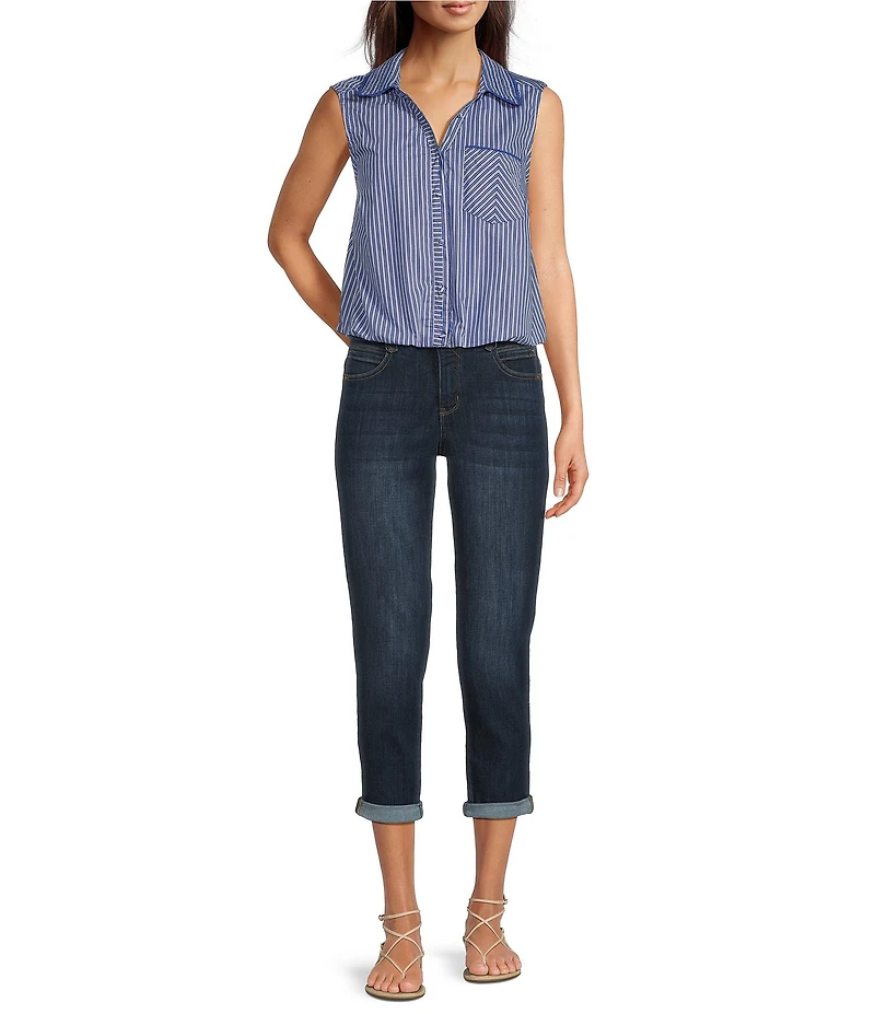 Democracy Woven Spliced Stripe Point Collar Sleeveless Button-Front Shirt