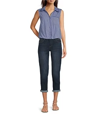 Democracy Woven Spliced Stripe Point Collar Sleeveless Button-Front Shirt