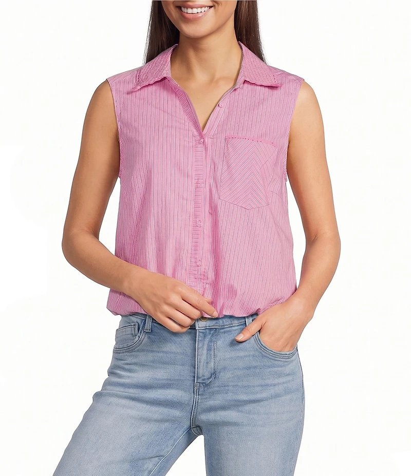 Democracy Woven Spliced Stripe Point Collar Sleeveless Button-Front Shirt
