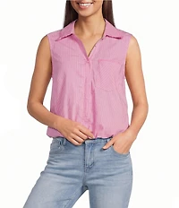 Democracy Woven Spliced Stripe Point Collar Sleeveless Button-Front Shirt