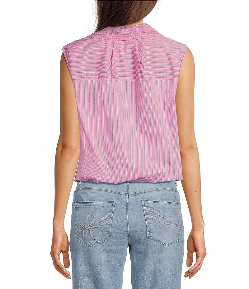 Democracy Woven Spliced Stripe Point Collar Sleeveless Button-Front Shirt