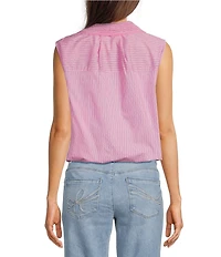 Democracy Woven Spliced Stripe Point Collar Sleeveless Button-Front Shirt