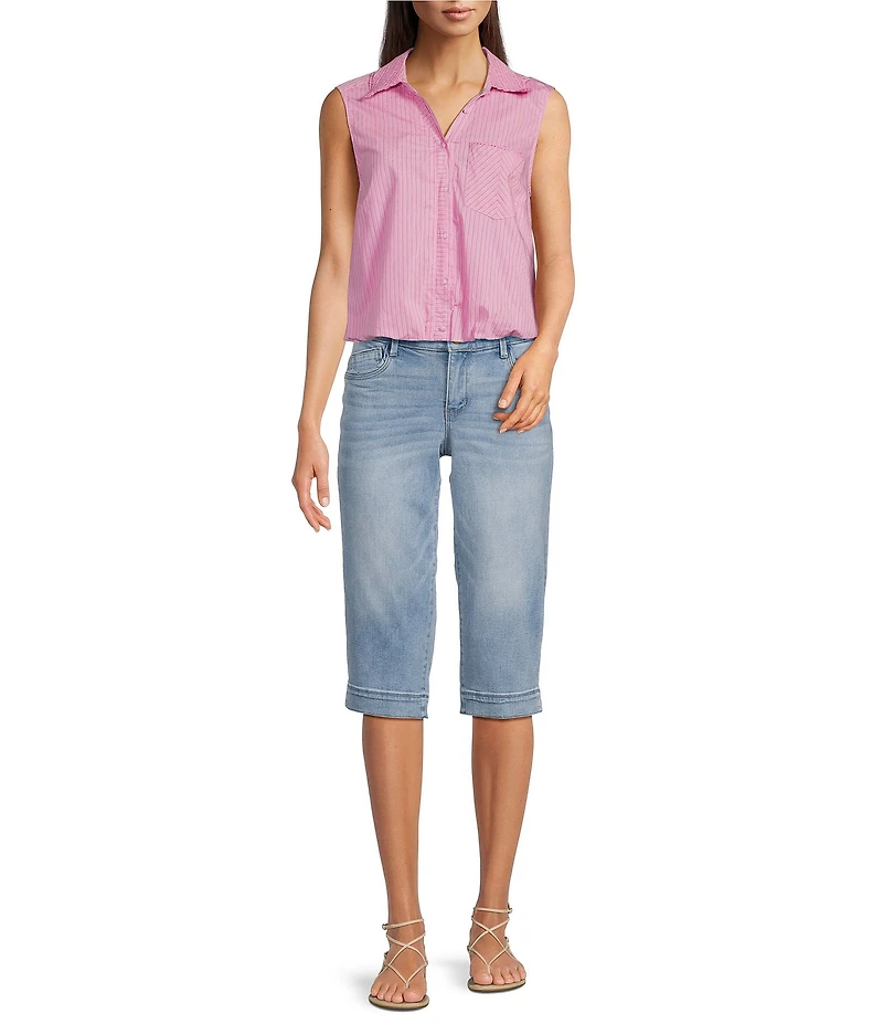 Democracy Woven Spliced Stripe Point Collar Sleeveless Button-Front Shirt