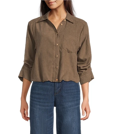 Democracy Woven Suede Point Collar 3/4 Tucked Sleeve Bubble Hem Button Front Shirt