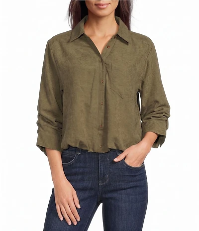 Democracy Woven Suede Point Collar 3/4 Tucked Sleeve Bubble Hem Button Front Shirt