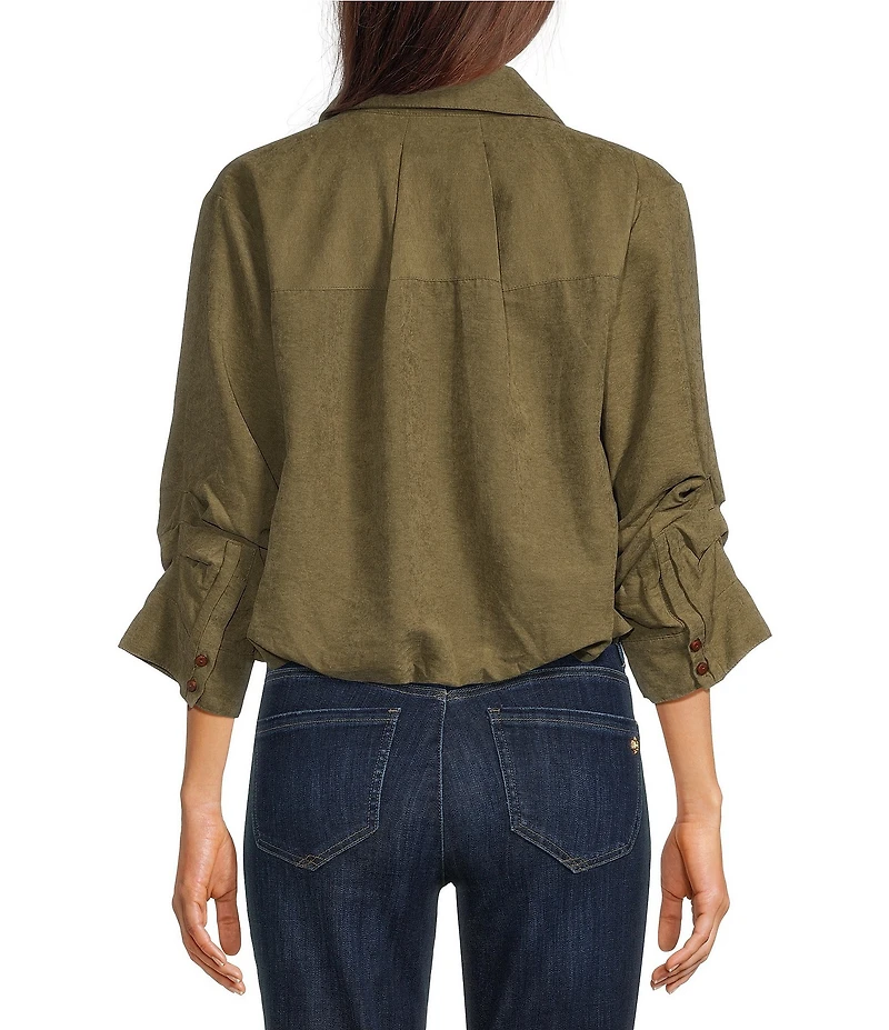 Democracy Faux Suede Point Collar 3/4 Tucked Sleeve Bubble Hem Button Front Shirt