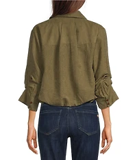 Democracy Faux Suede Point Collar 3/4 Tucked Sleeve Bubble Hem Button Front Shirt
