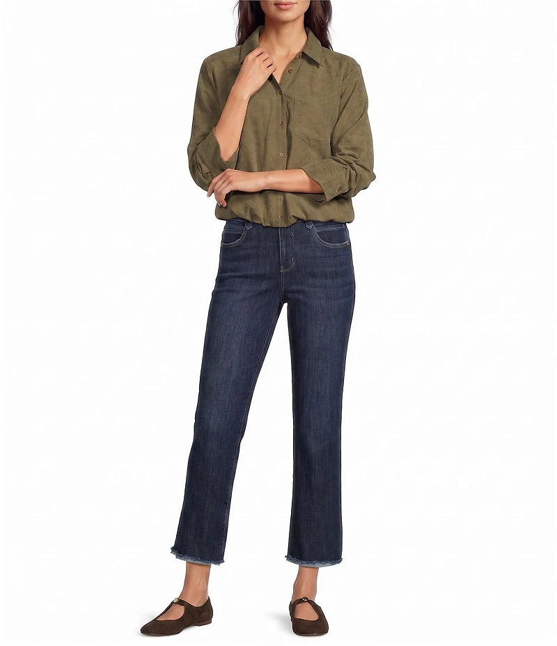 Democracy Faux Suede Point Collar 3/4 Tucked Sleeve Bubble Hem Button Front Shirt