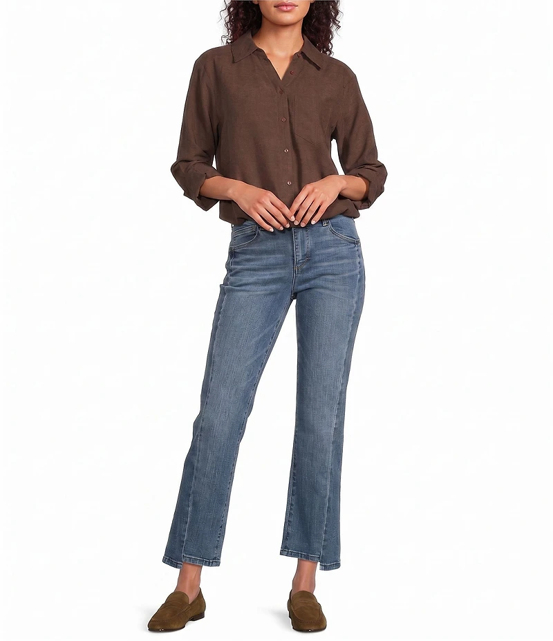Democracy Faux Suede Point Collar 3/4 Tucked Sleeve Bubble Hem Button Front Shirt