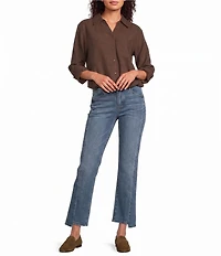 Democracy Faux Suede Point Collar 3/4 Tucked Sleeve Bubble Hem Button Front Shirt