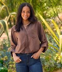 Democracy Faux Suede Point Collar 3/4 Tucked Sleeve Bubble Hem Button Front Shirt