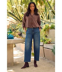Democracy Faux Suede Point Collar 3/4 Tucked Sleeve Bubble Hem Button Front Shirt