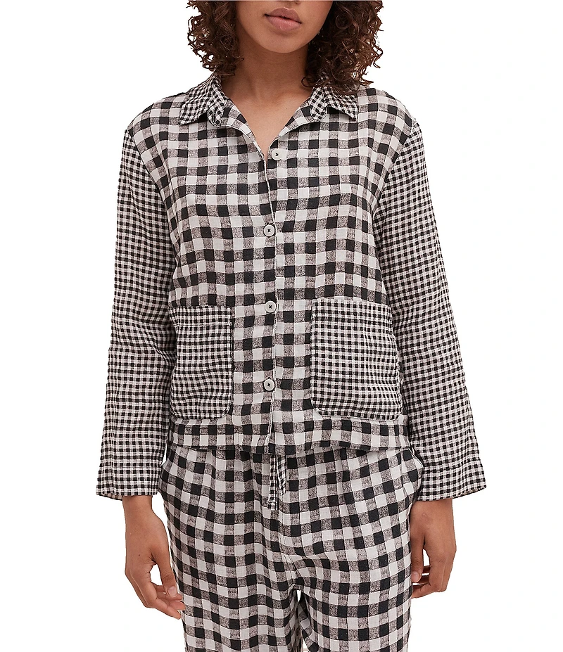 Desmond & Dempsey Long Sleeve Notch Collar Woven Linen Gingham Pajama Set