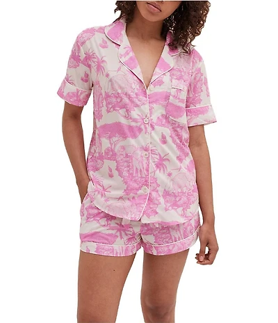 Desmond & Dempsey Loxodonta Toile Woven Short Sleeve Notch Collar Shorty Pajama Set
