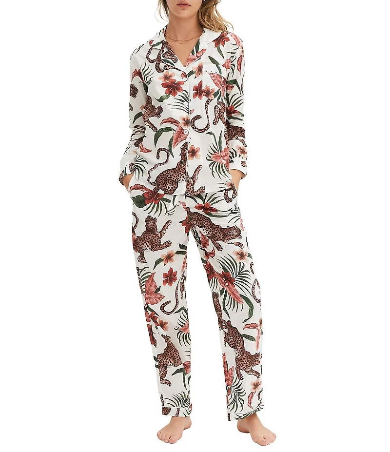 Desmond & Dempsey Soleia Leopard Woven Long Pajama Set