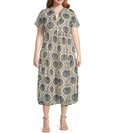 Dex Clothing Plus Size Medallion Printed Short Sleeve Midi Shirt Dress
